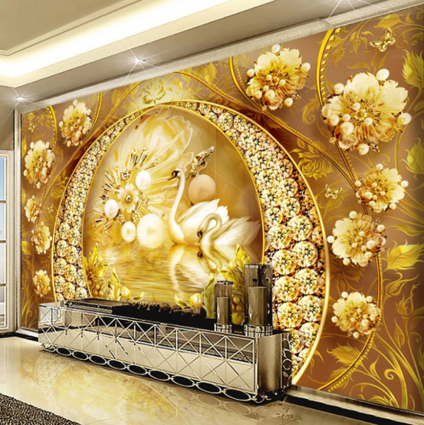 Wallpaper dinding dengan aksen emas bertabur berlian